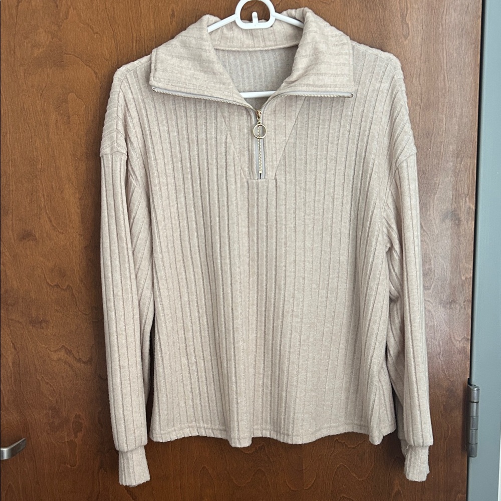 Cream Ribbed Quarter-Zip Sweater